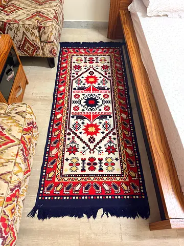 Handwoven Middle Eastern Runner Rug - Red, Navy  Cream, Good Used Condition