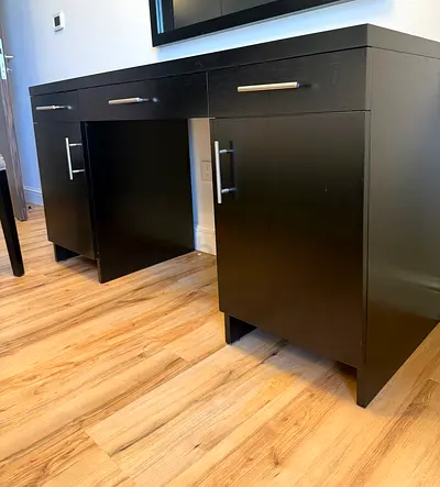 Black wooden desk with drawers and cabinets - good condition
