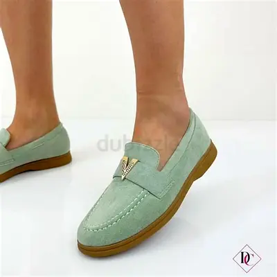Light Green Suede Loafers with Gold V Accent - Size Available