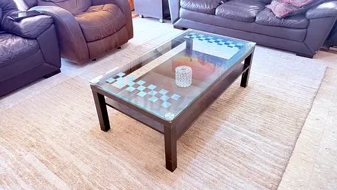 Glass Top Coffee Table with Checkerboard Inset - Dark Wood Frame