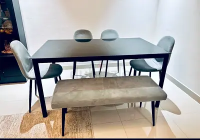 Concrete-look bench with black metal legs - good condition