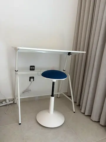 Height adjustable wfh white standing desk with adjustable swivel stool - like new