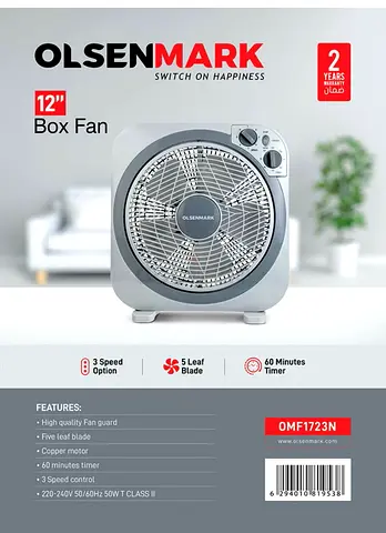 Olsenmark 12 Box Fan (OMF1723N) - 3 Speed, 60min Timer, 5-Blade