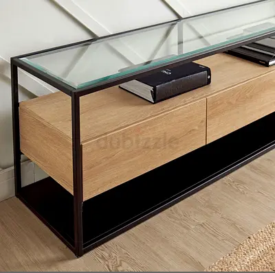 Modern Glass Top TV Console with Wood Drawers and Metal Frame