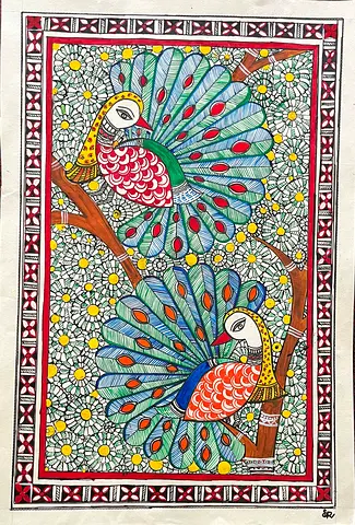 Hand-painted Traditional Madhubani Peacock Artwork on canvas