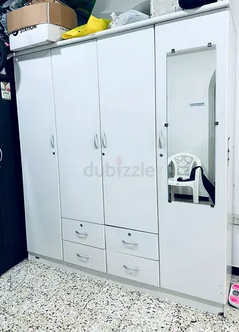 White 4-Door Wardrobe with Mirror and Drawers - Good Condition