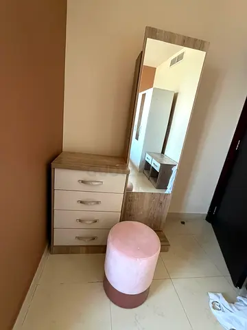 Dressing Table with Mirror, 4-Drawer Chest and Pink Ottoman — Good Condition
