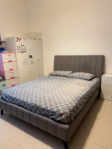 Grey Fabric Queen Bed with Padded Headboard with mattress - Good Condition