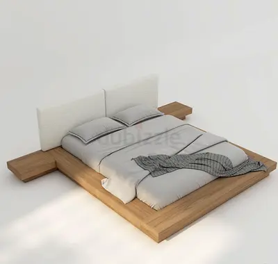 Low Wooden Platform Bed with Upholstered Headboard