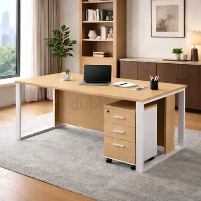 Oak Office Workstation Desk with Movable Drawers – Office Table with Cable Management for Office Use
