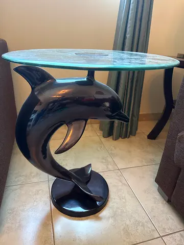 Glass Top Dolphin Side Table — Black Resin Base