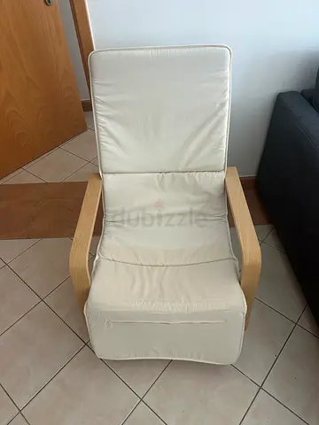 Ikea Light wood frame reclining armchair with cream cushion