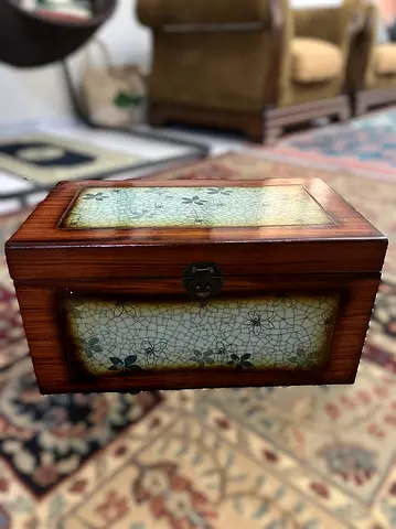 Decorative Wooden Storage Chest with Floral Mosaic Inlay