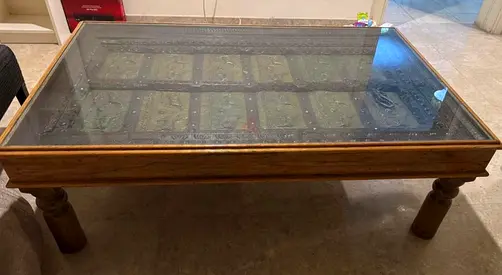 Indian Door Coffee Table With Glass Top In Natural- Original Price 12,000 AED