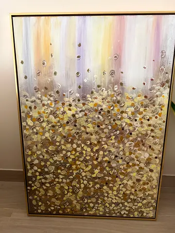 Framed Abstract Floral Texture Painting - Gold  Pastel Tones (70x100cm)