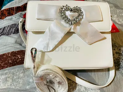 White Crossbody Bag with Satin Bow and Crystal Heart Accent