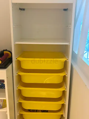 IKEA White Storage Shelf Unit with 7 Yellow Plastic Bins and 1 white shelf - Good Condition