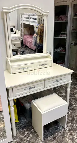 White Dressing Table with Mirror and Stool - Good Condition
