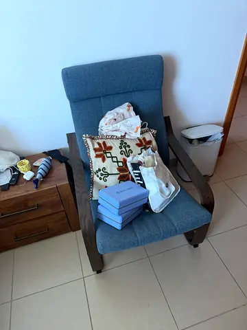 Blue fabric armchair with wooden frame - good condition