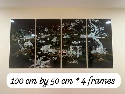 Set of 4 brown Lacquered Mother-of-Pearl Inlay Wall Panels - 100x50cm each