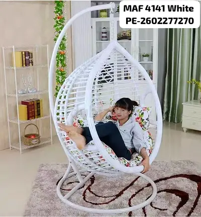 White Hanging Egg Chair with Stand - Comfortable Rattan-Style Swing