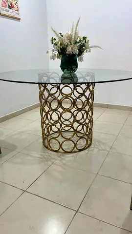 Glass Top Dining Table with Gold Base and 4 Green Velvet Chairs