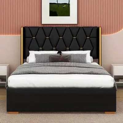 Queen size upholstered bed with padded headboard (black)
