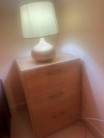 Light wood bedside cabinet with 3 drawers and lamp (good condition)