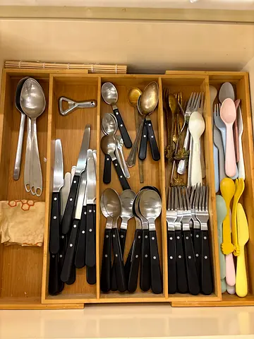 Used Cutlery Set with Wooden Drawer Organizer — Forks, Spoons, Knives, Serving Utensils