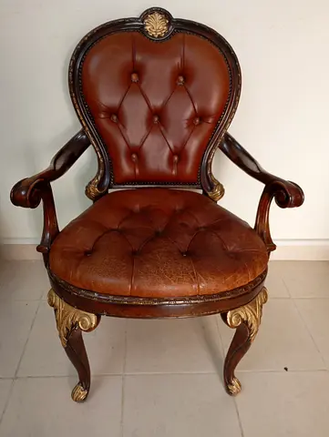 Antique-style Leather Armchair with Carved solid Wooden Frame,