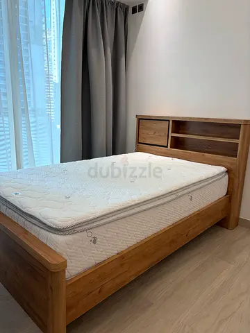 Wooden Bed Frame with Mattress and Built-in Storage