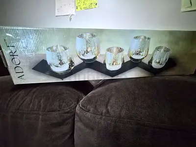 Adore Decorative Candle Holder Set - 5 Glass Holders on Black Tray (New in Box)