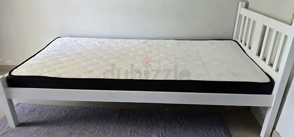 Single white wooden bed frame with mattress - good condition