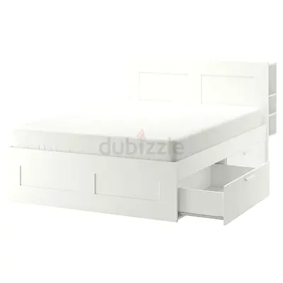 Ikea White Bed with Storage Drawers and Headboard Shelving with mattress