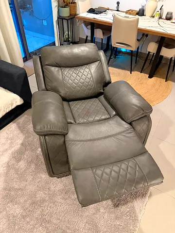 Grey Leather Recliner Armchair with Footrest — Excellent Condition.