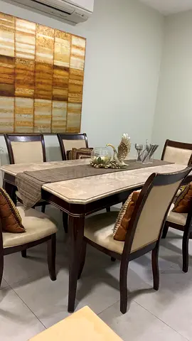 Dining table with 6 chairs - wooden frame, marble top inset