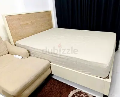 Queen bed frame with mattress - white wood, good condition