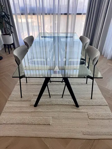 West Elm Bespoke Glass Top Dining Table with 4 Modern Upholstered Chairs - Excellent Condition