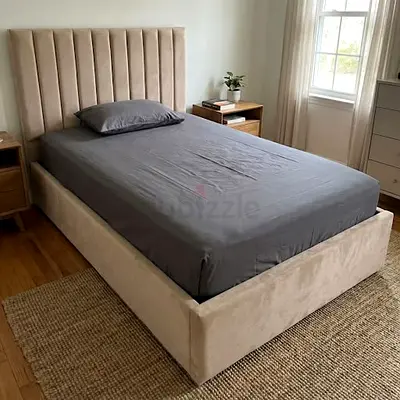Upholstered Single Bed Frame with Tall Channel-Tufted Headboard - Beige