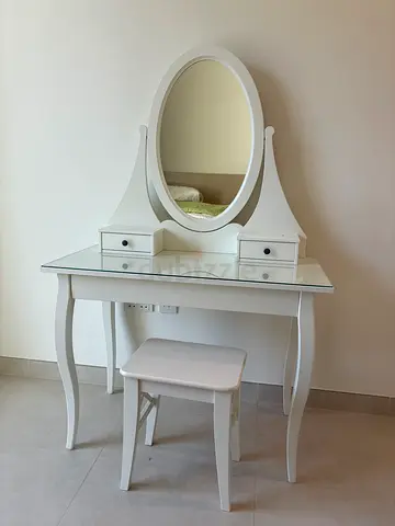 IKEA White wooden dressing table with oval mirror and stool - good condition