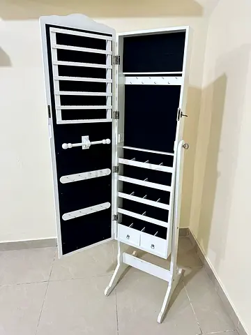 Standing White Jewelry Armoire with Mirror and Multiple Storage Compartments