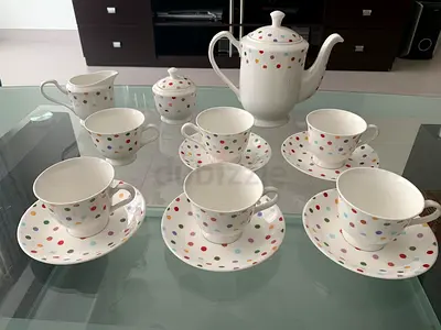 Porcelain polka-dot tea set — 6 cups, saucers, teapot, creamer and sugar bowl