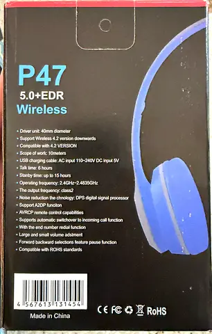 P47 Wireless Bluetooth Headphones (Over-ear) - Blue, Light Use
