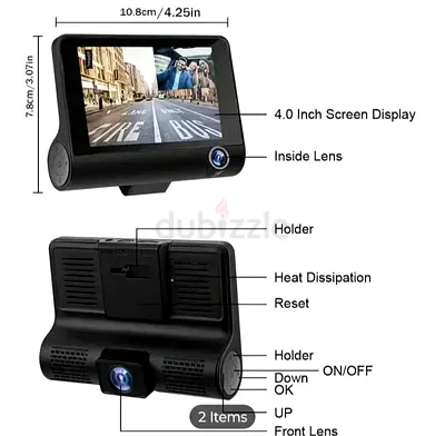3-lense Dual Lens Car Dash Camera with 4.0 Screen — Front  Interior Recording