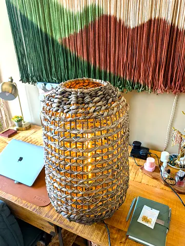 ⫸ *QUICK SELL* Woven Rattan Jute Boho Basket Floor Lamp, Table Lamp | 60cm H | PAID: 225 AED