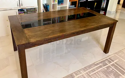 6 Seater Solid Wood Dining Table with Center Glass Inlay - Good Condition