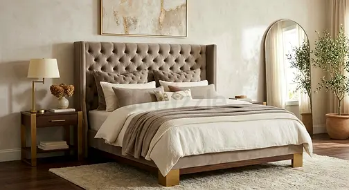 Queen tufted upholstered bed frame with headboard