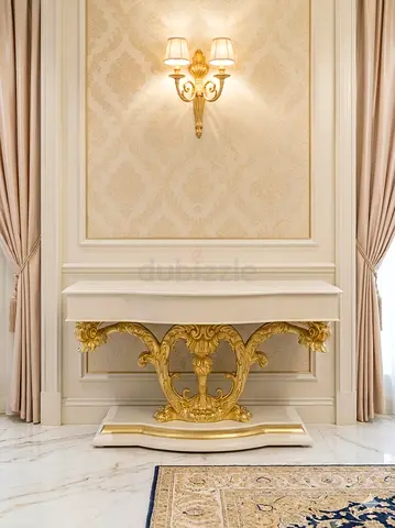 Elegant White and Gold Console Table with Ornate Base