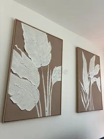 Set of 2 large textured botanical wall art panels - neutral tones