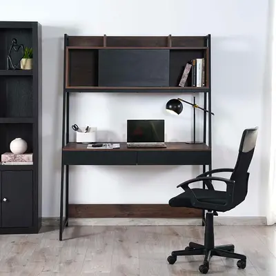 PAN Home Peoria Writing Desk with Shelves – Walnut+Black | 1 Year Old | Discovery Gardens